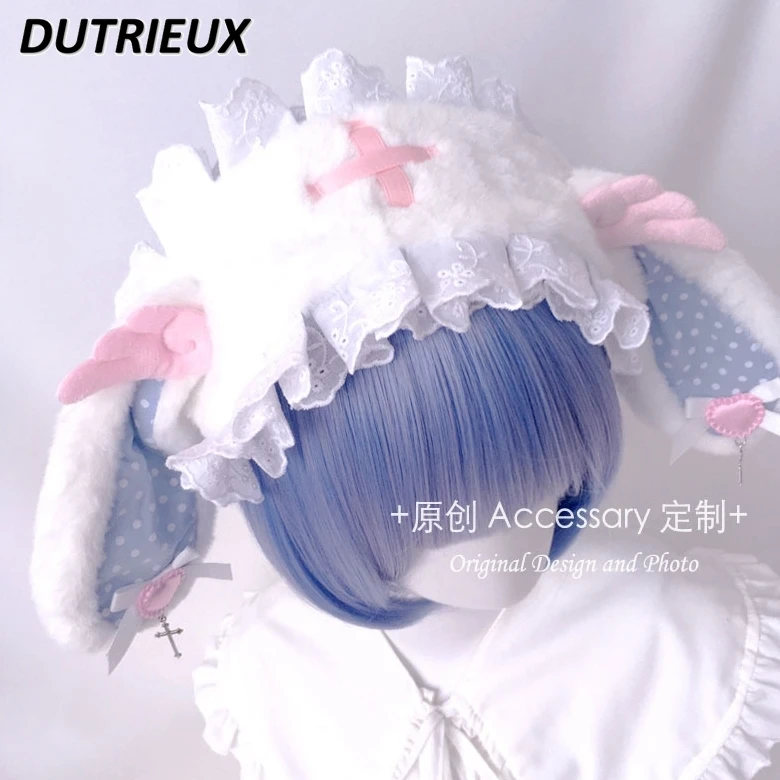 Japanese Subculture Cross Wings Plush Rabbit Ears Headband Headgear Y2k Sweet Girl Lolita Lace Pink and Blue Accessories