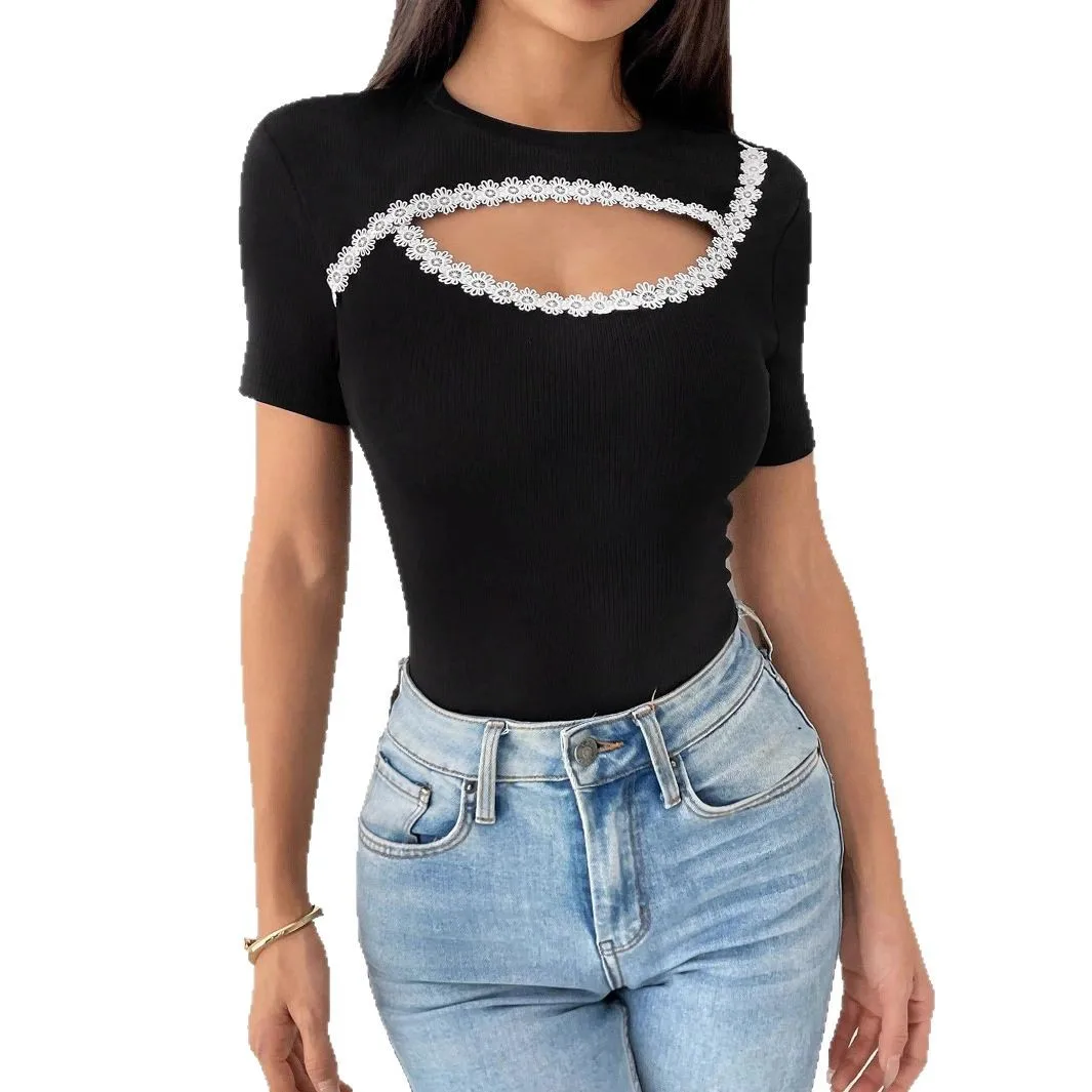 Women'S Black Hollow Out Holes Spliced Lace Flower Chic Tees Short Sleeve Skinny T Shirt Women Y2K Crop Tops Grunge Shirt Femme