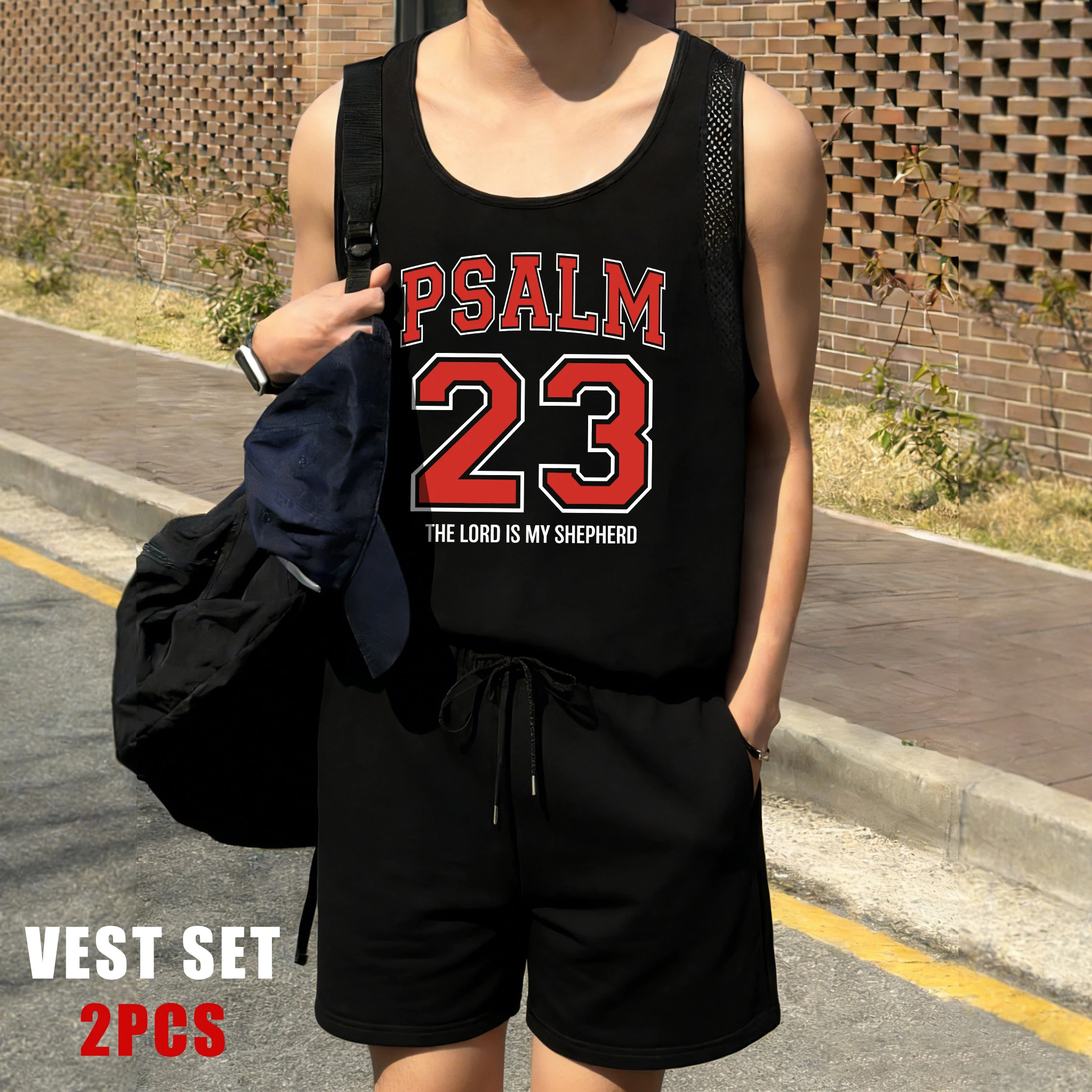 

Psalm Number 23 Is My Shepherd Printing Reticular Vest Set Men Fashion Shorts O-Neck Breathable Top Summer Sleeveless Tee