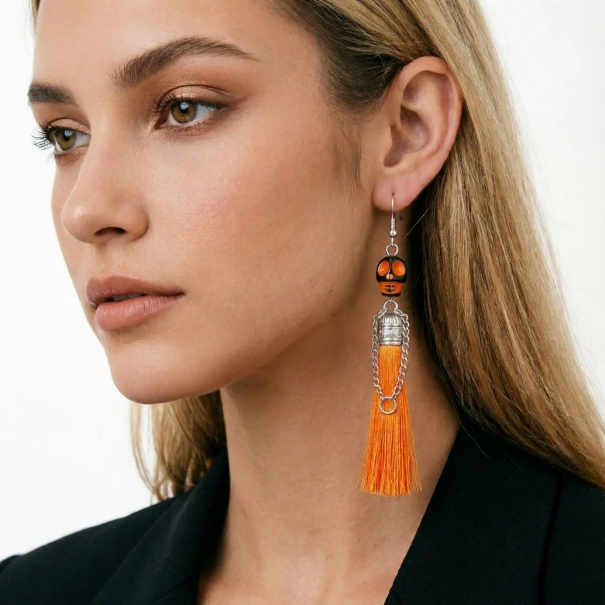 Halloween-Ohrringe mit bunten Quasten und Totenkopf-Anhänger für Damen, Punk-Street-Vintage-Cosplay-Ohrringe mit Skelett-Motiv, Schmuck – Detail 16