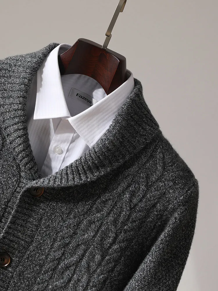 100% Australian wool button-down cardigan green fruit collar thickened solid color sweater business casual cashmere knitted view 5