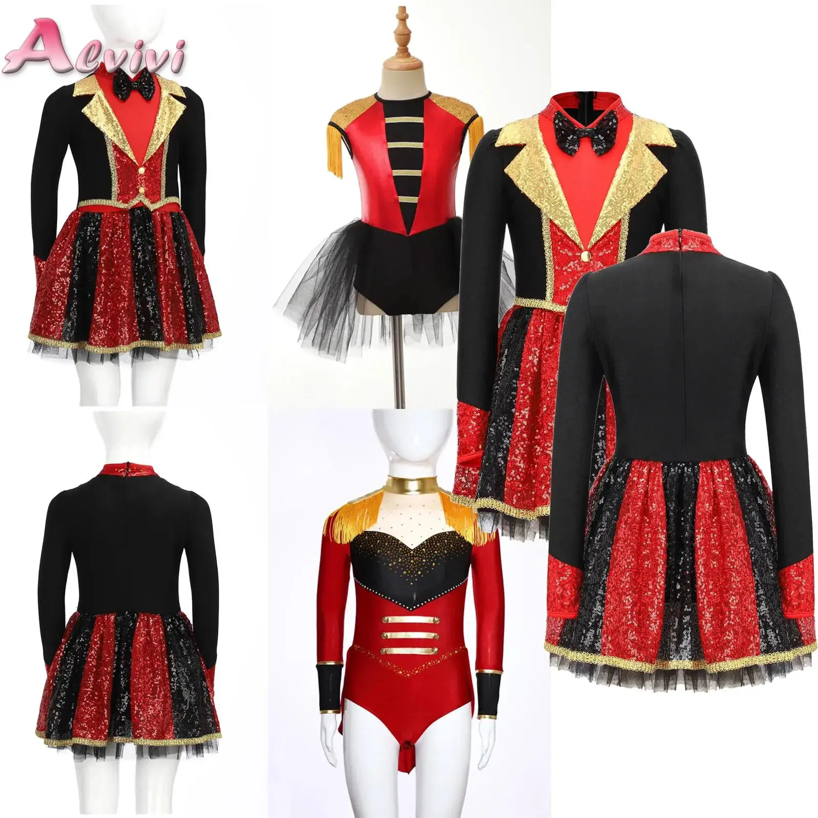 

Kids Girls Shiny Sequins Leotard Tutu Dress Circus Ringmaster Costume Festival Halloween Carnival Party Cosplay Fancy Outfit
