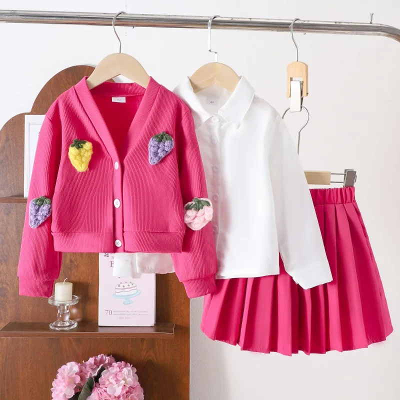 Girls Clothes Sets 2026 Spring Autumn 3pcs/set Strawberry Cardigan + Shirt + Short Skirt Suits for Kids Children Outfits Sets