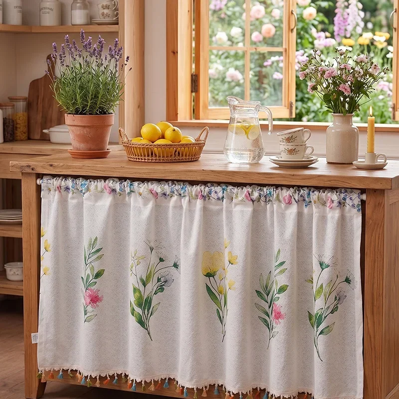 Floral Printed Rod Pocket Kitchen Cafe Curtain, Short Window Valance, No Drill Cabinet Cover, Coffee Shop Decorative Drape
