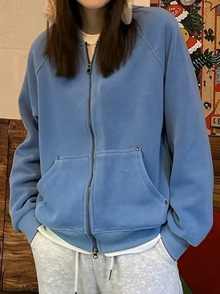 

Winter 2025 Women's Loose Fit ort Jaet round Ne Double Zipper Korean Sle Simple Design Slimming Top Pure Color