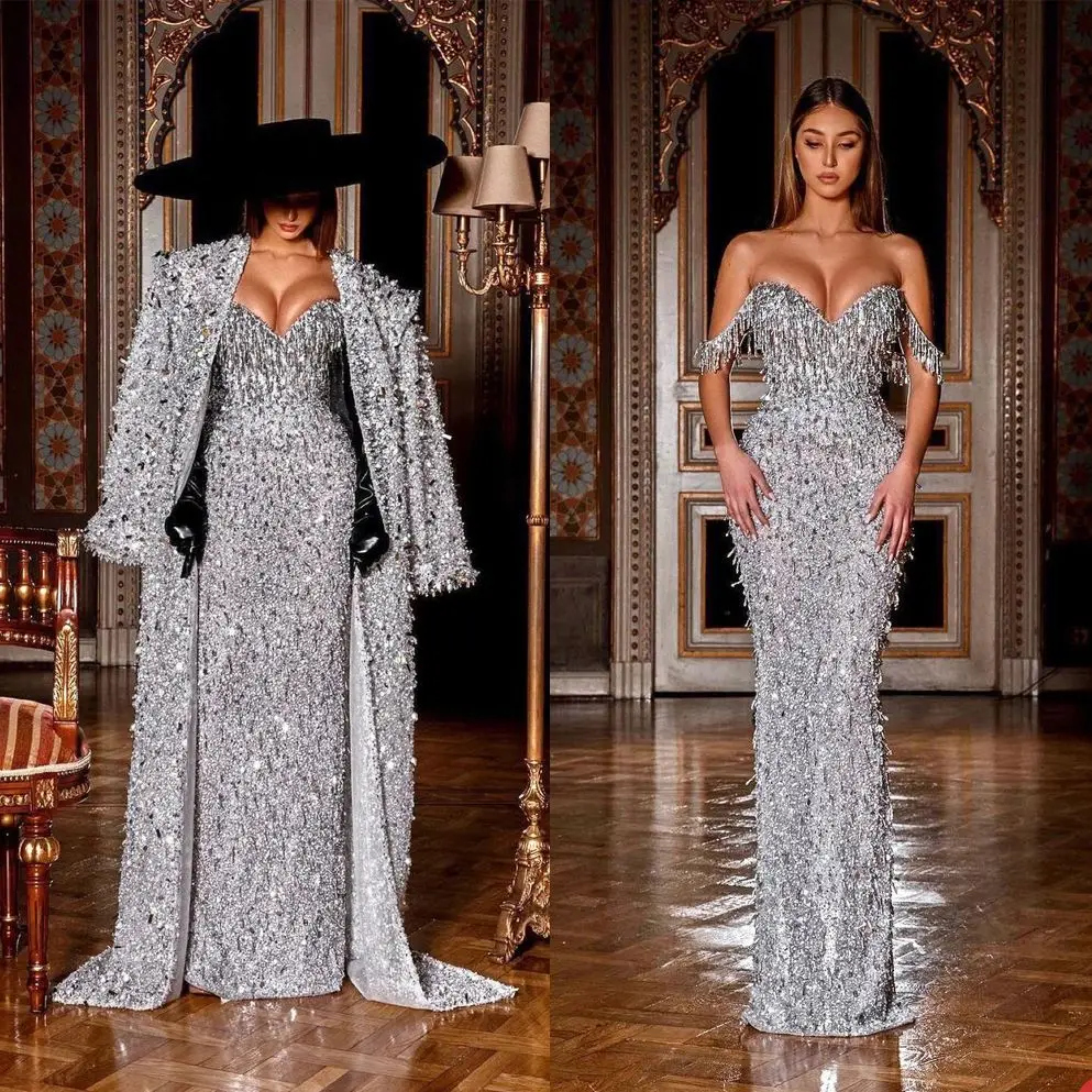 Luxury Women Sequined Evening Dresses 2 Pieces Floor Length Strapless Mermaid Prom Gowns Shiny Full Length Jacket Dress