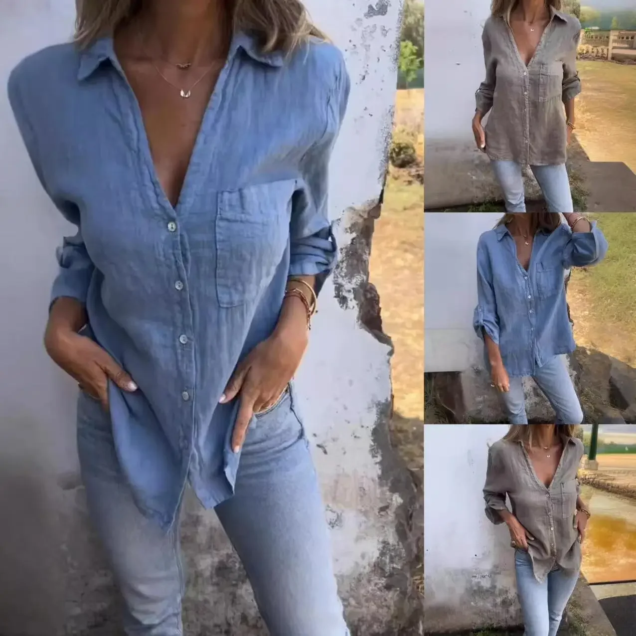 

Women Spring Summer Shirt Solid Color Long Sleeve Turndown Collar Pockets Button Casual Fashion Comfortable Regular Standard Fit