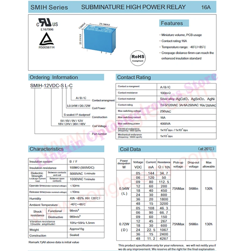 5Pcs SMIH-05VDC-SL-C SMIH-12VDC-SL-C SMIH-24VDC-SL-C Relays 05 12 24 V 250V 16A 8PIN SMIH-05V 12V 24VDC-SL-A 6Pin Original Relay