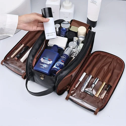 Imagen 2 del producto Bolsa de cosméticos de gran capacidad, organizador de artículos de tocador de maquillaje, bolsa de aseo de viaje portátil de cuero PU, bolsas de almacenamiento de maquillaje para mujer