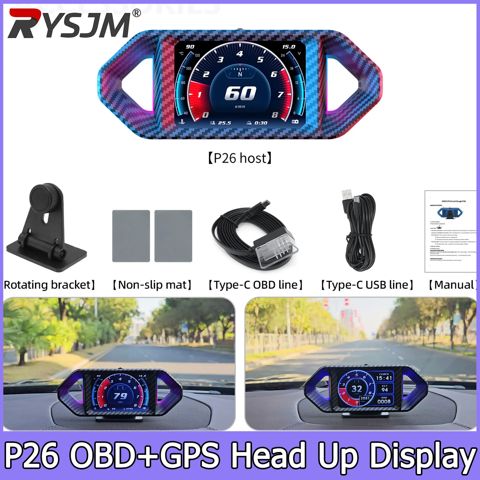AD P26 Head Up Display OBD+GPS Car HUD Slope Meter Speedometer Altitude Multi-Language Dashboard Display Tachometer Customized