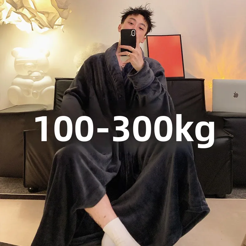 特大サイズ-300ポンド対応-メンズローブ-ロング丈-コーラルフリース-ゆったり-冬用寝間着-五つ星ホテル風-ホームウェア-快適-ユニセックスローブ