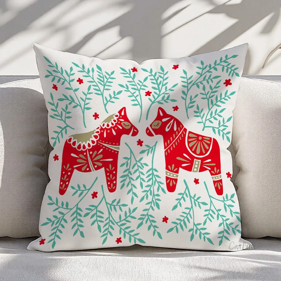 1pc Swedish Dala Horse Pillow Cover Red Mint 16x16 20x20 Inch Double-Sided Polyester Decor No Insert