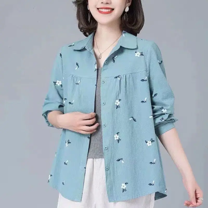 

Элегантная женская блузка среднего возраста, весна-осень 2023, повседневная офисная рубашка с длинным рукавом и цветочным принтом, облегающие рубашки с карманами, топы