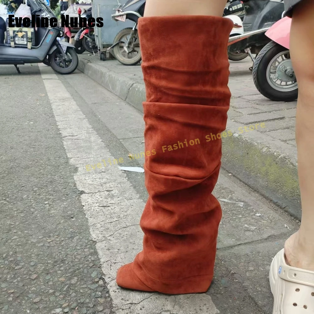 Faux Suède Geplooide Broeklaarzen Vierkante Neus Stiletto Trek Op Pittig Meisje Street Style Over De Knie Laarzen 2025, Mode Schoenen Nieuw