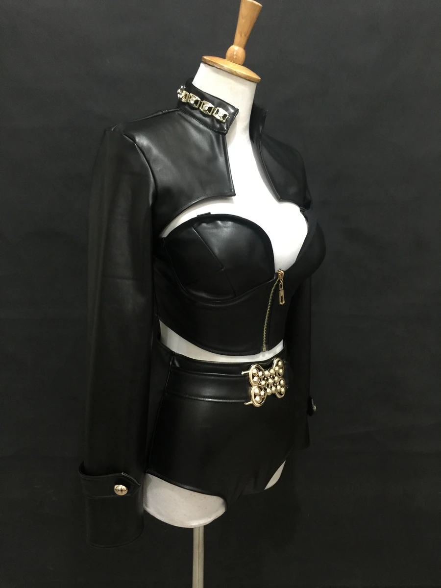Sexy feminino couro do plutônio preto biquíni colete desempenho roupas jazz hiphop trajes de dança boate festa cantor equipes outfit