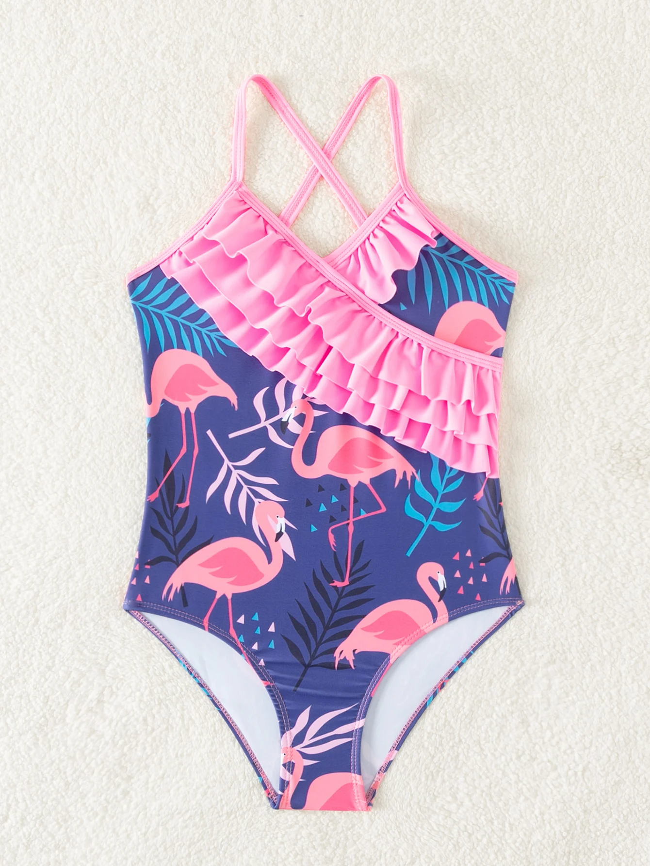 Girls Kids Teen Flamingo Graphic 3 Layer Ruffle One Piece Swimsuit Summer Surf Child Girls Swimwear Beach Clothes Bathing Suit