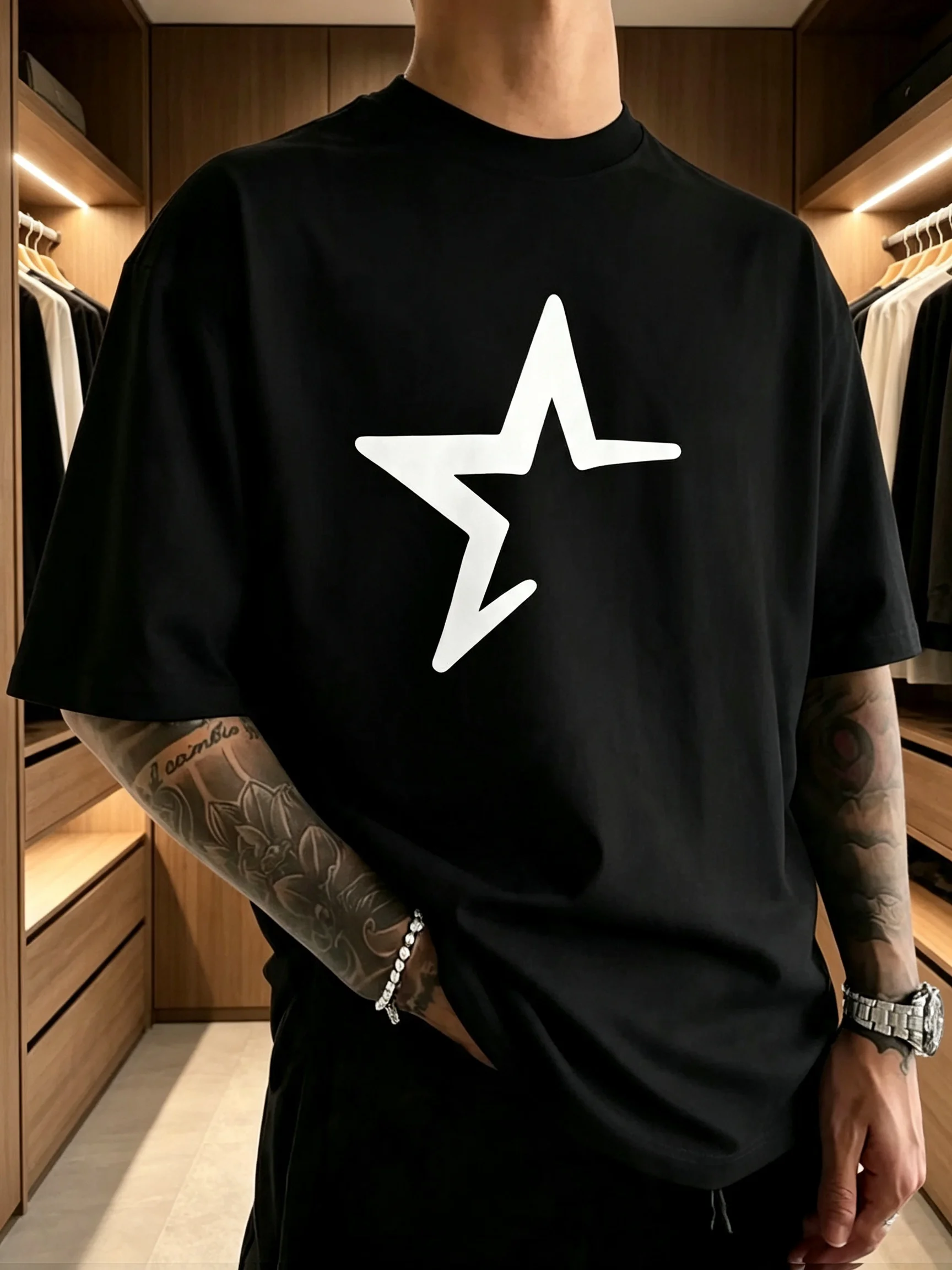 Men's Summer New Hand‑Painted Five‑Pointed Star Print T‑Shirt, 100% Cotton Loose Y2K Crew Neck Short Sleeve Casual Daily Top