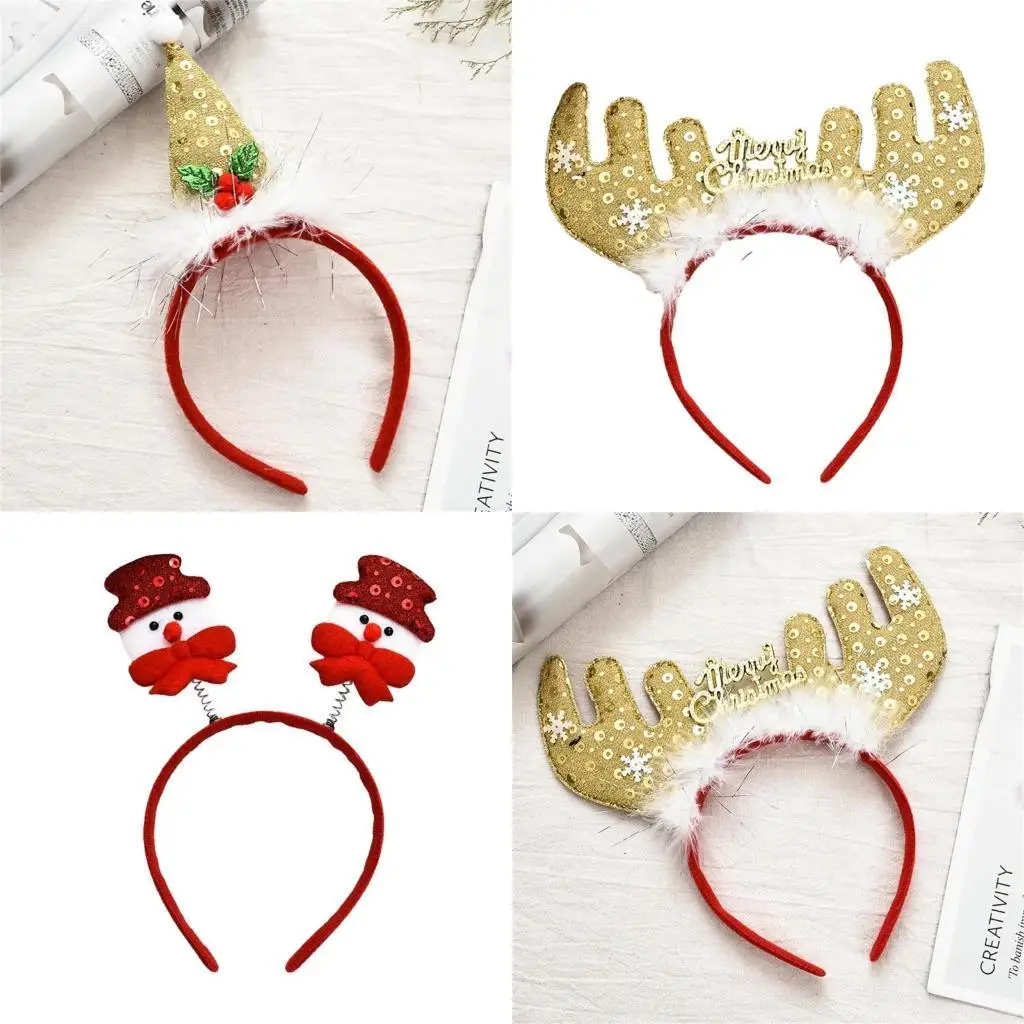 

31BB Holiday Party Sequins Headband MerryChristmas Headdress Santa/Snowman Hair Hoop Holiday Party Adult Decorative Headdress