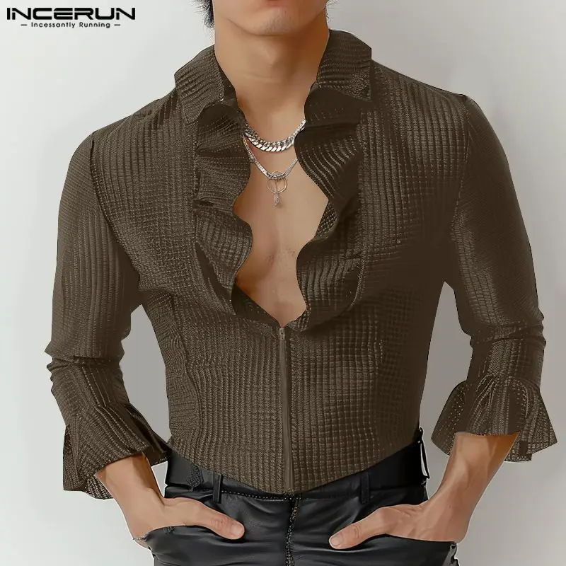 INCERUN Men Shirt Solid Ruffle V Neck Long Sleeve Zipper Casual Camisas Streetwear 2024 Personality Fashion Unisex Shirts S-5XL