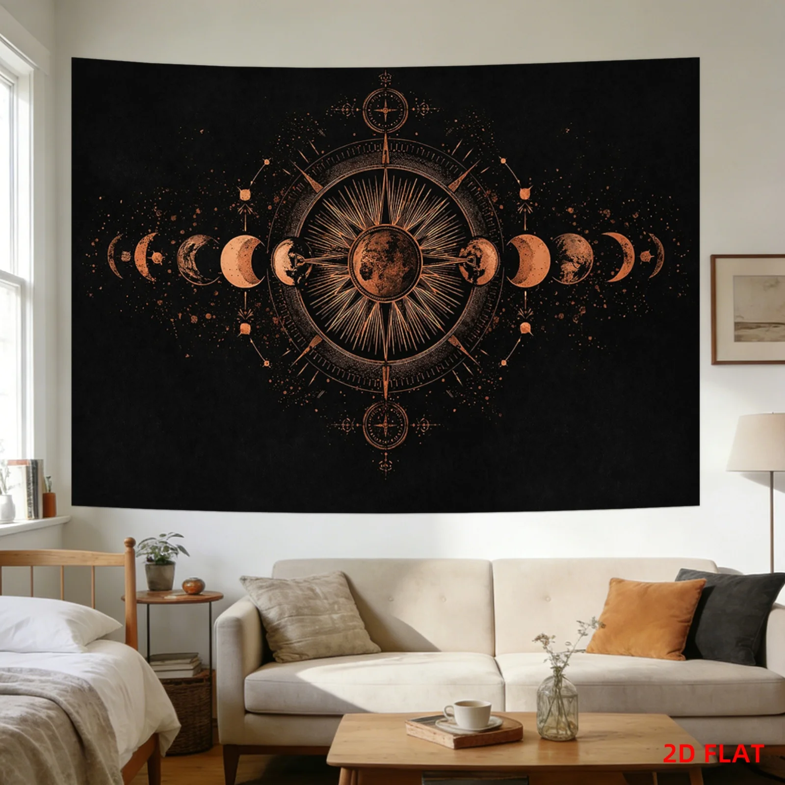 VIKAMA Dark Sun Moon Phase Tapestry Mysterious Astrology Wall Carpet Compass and Moon Phase Cycle Art Room Decoration