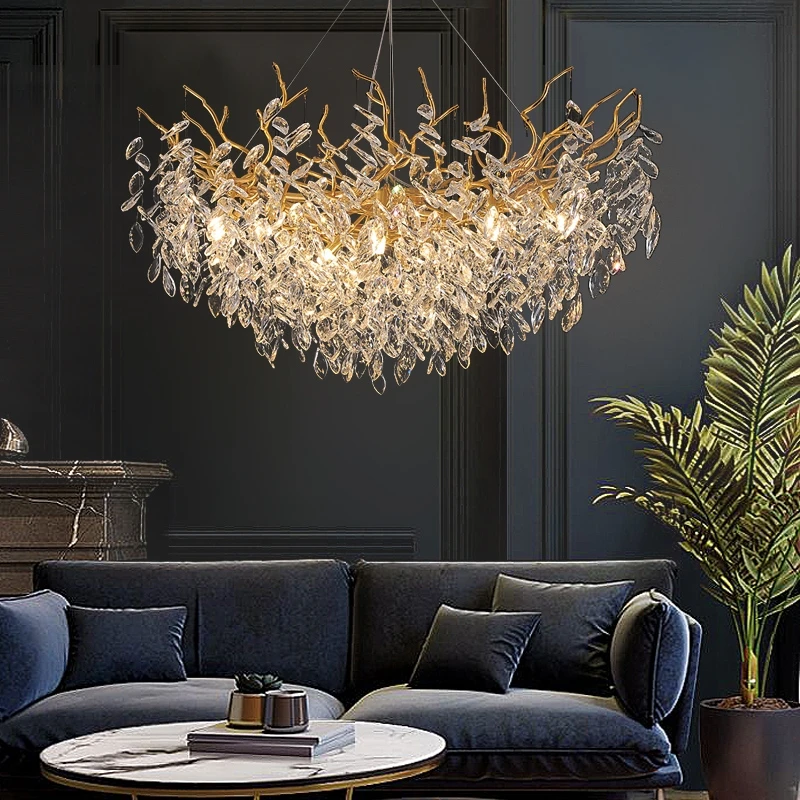 Modern Gold Luxury Crystal Chandeliers for Dining Room Living Room Branch Hanging Lamp Large Lighting Fixture for Hotel Lobby