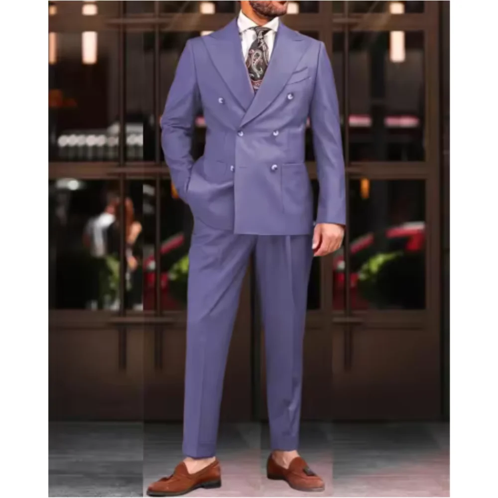 

Purple Men's Suits Double Breasted Banquet Business Blazers Sets Wedding Groom Custom Male Clothing 2 Pieces Jacket Pants