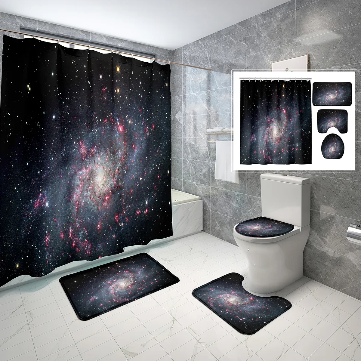 Space Theme Shower Curtain Sets 4 Pcs with Non-Slip Rugs Mat Toilet Lid Universe Purple Galaxy Waterproof Shower Curtain Set