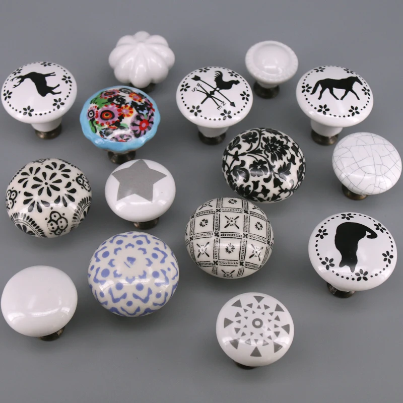 1x Pastoralism White Ceramic knob ,Star Flower Clock Print Kitchen Cabinet Cupboard Door knob and handles Kids Drawer Knob Pulls