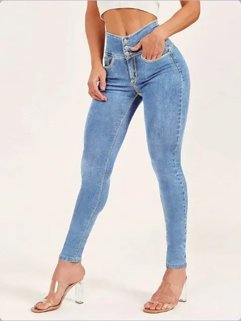 

Women's Jeans 2025 Spring Autumn New Solid Color Pocket Design High Waist Versatile Casual Skinny Elastic Daily Jeans