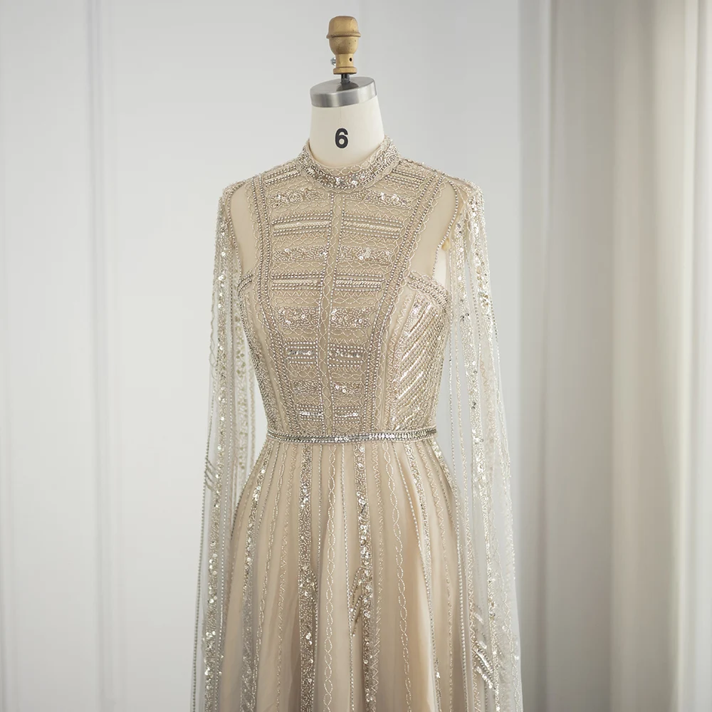 シャロンは言った-女性のためのケープスリーブ、結婚披露宴のためのフォーマルなガウン、灰色とヌード、豪華なドバイ、ss428でカスタマイズされたイブニングドレス