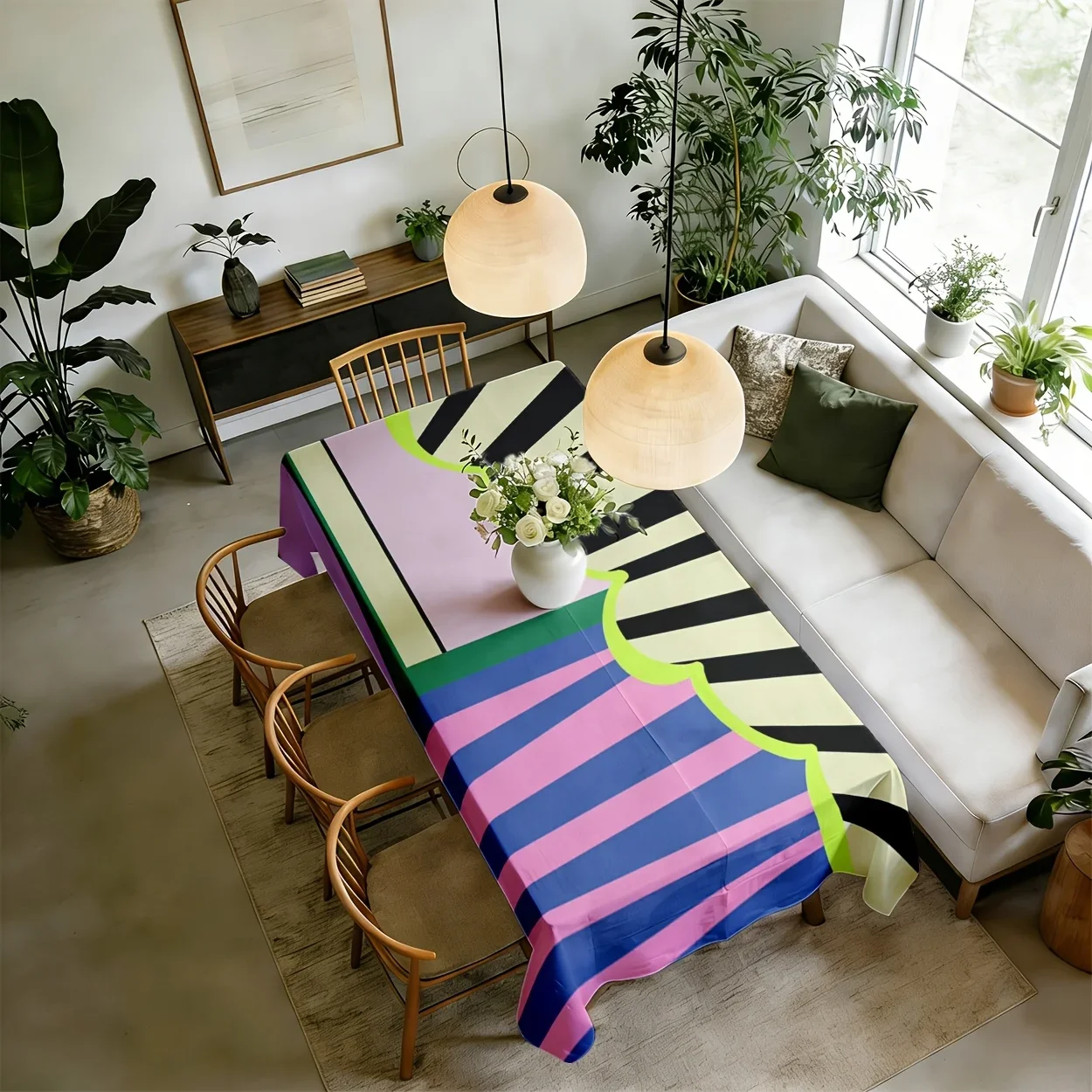 One rectangular geometric checkered style tablecloth in pink, blue and yellow color schemexzj