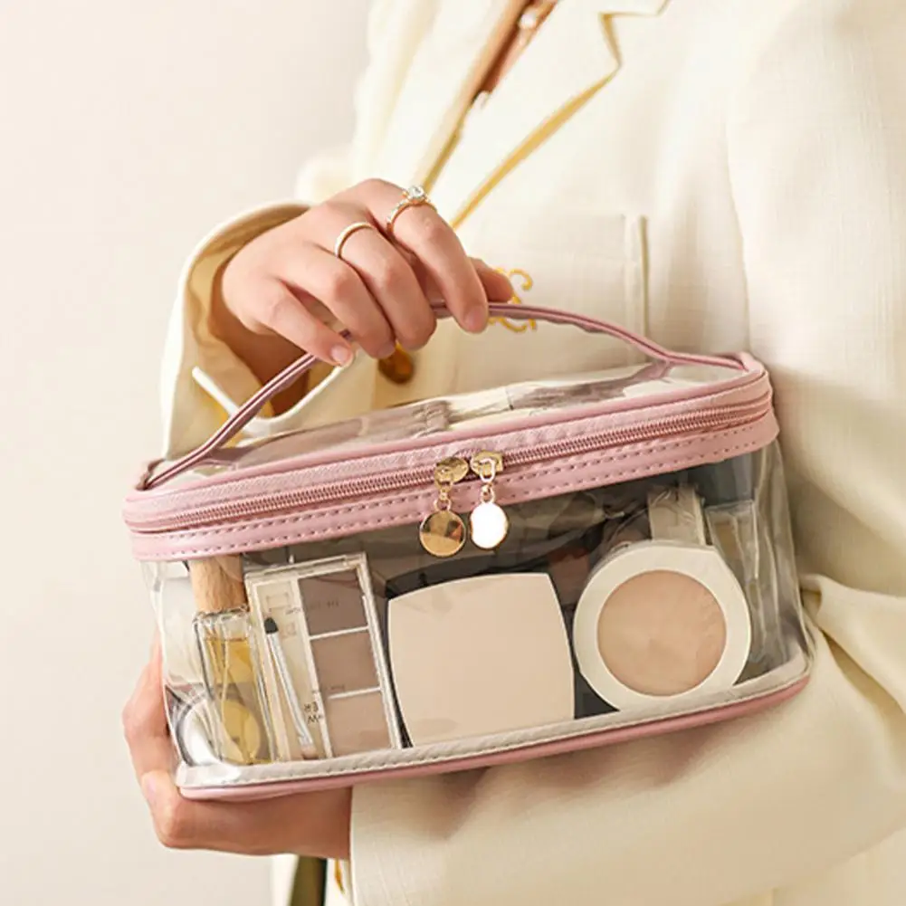 Fashion Transparent Makeup Cosmetic Bag With Handle Large Capacity Double Layer Makeup Bag Toiletry Zipper Bag