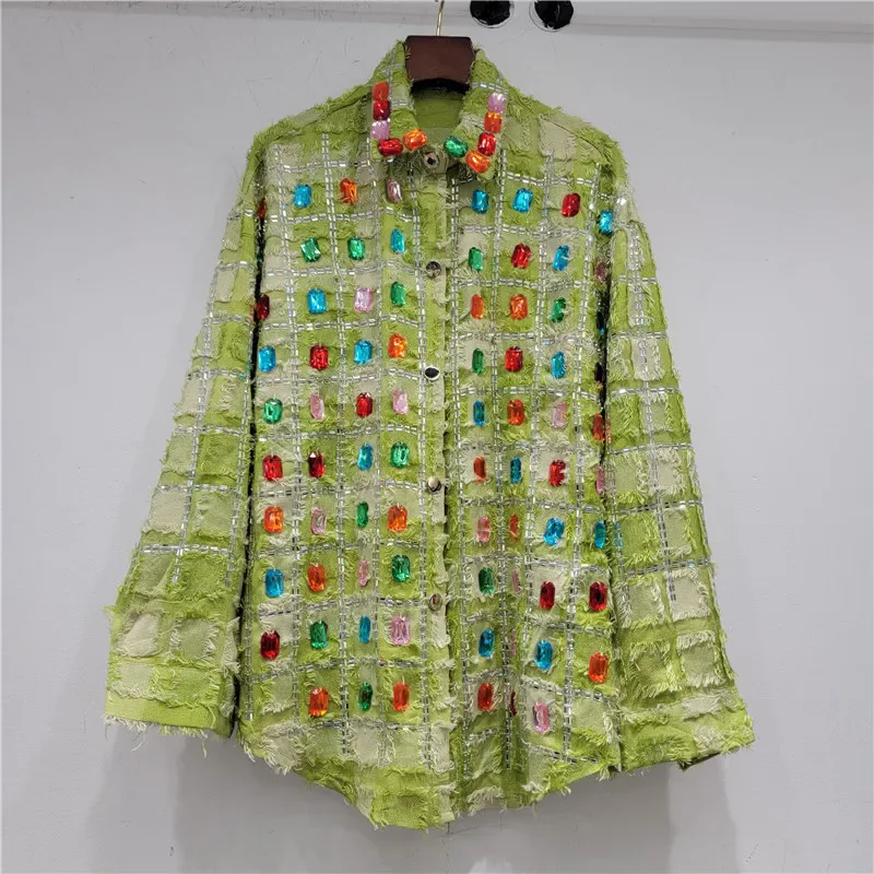 Diamonds Plaid Shirt Women Spring 2025 New Fashion Lapel Single Breasted Loose  Tassel Long Sleeve Blouse Female Streetwear B954