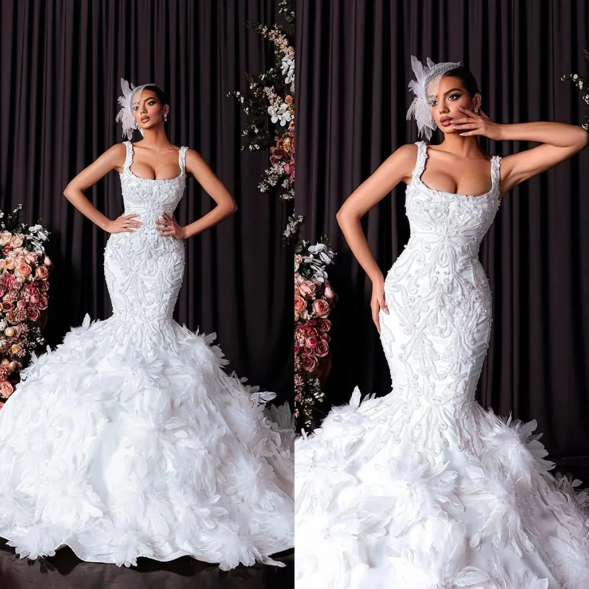 

Custom Luxury Mermaid Wedding Dresses Pearls Sleeveless Backless Bridal Gowns Custom Made Ruffles Hollow Back Vestidos De Novia