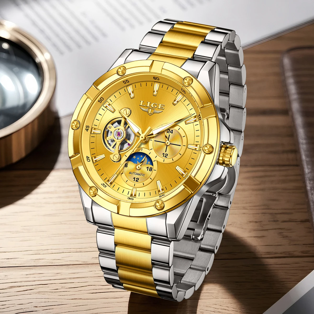 Relojes automáticos LIGE para hombre, reloj de pulsera mecánico con volante de inercia y esqueleto de lujo Original, reloj clásico con calendario para hombre de negocios