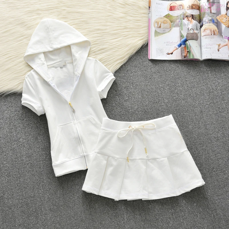 2024 Summer Two Piece Set Solid Color Short Sleeve Hooded Sweatshirt and Skirt Set Casual Sportswear Suit