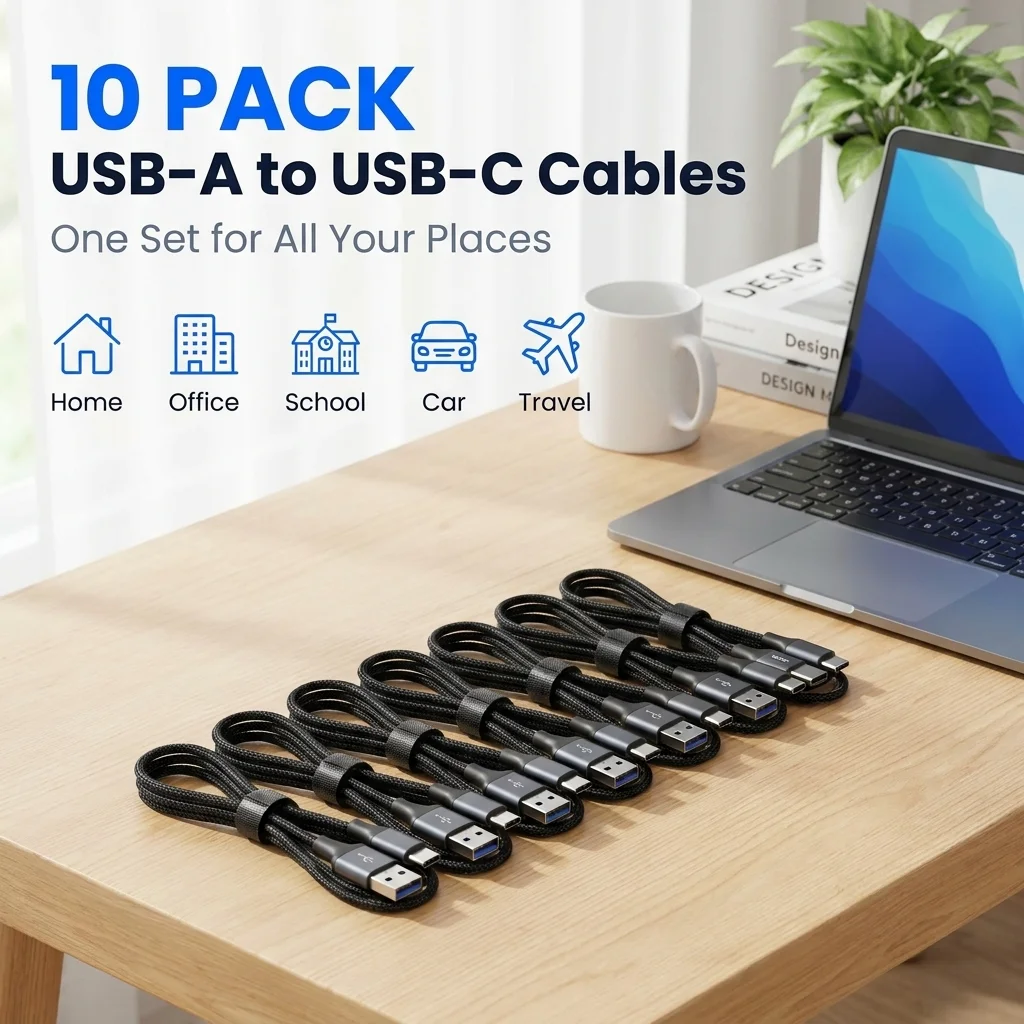 USB A to USB C Cable 10 Pack 3.3FT(1M), Nylon Braided Fast Charging Type C Charger Cord, Tangle-Free USB-A to USB-C Charging Cable Compatible with iPhone 15/16 Series, Samsung Galaxy, Pixel, Android Phones & USB-C Devices