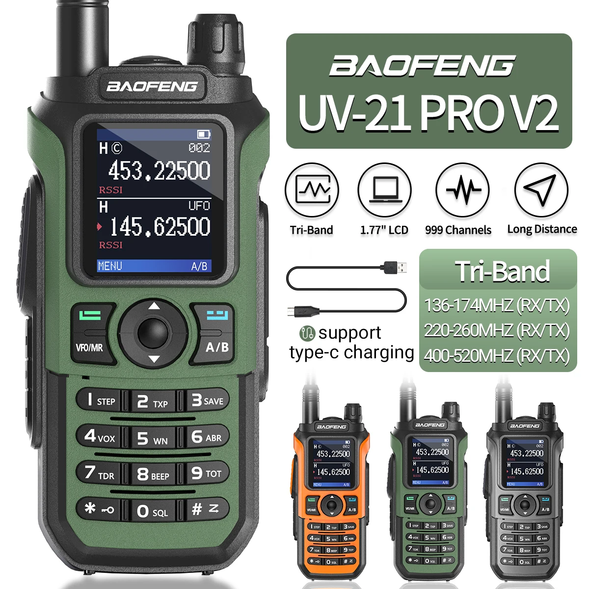 Baofeng UV-21 PRO V2 워키토키 장거리 무선 복사 주파수 C 타입 충전기, 풀 밴드 강력한 방수 양방향 라디오