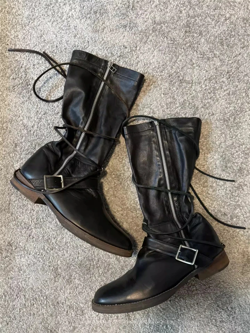 Botas de cavaleiro masculinas de couro macio preto estilo retrô alça cruzada zíper lateral botas de cano médio moda sapatos de cowboy ocidental