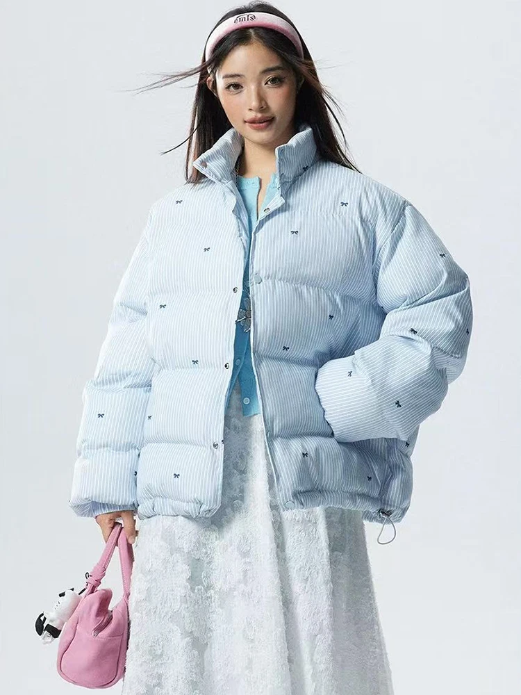 Blue Striped Crop Parkas for Women Y2K Sweet Butterfly Loose Cotton Warm Jacket Winter Fashion Preppy All Match Bread Outwear