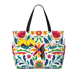 Mexican Flower Waterproof  Beach Tote Pool Bags for Women Ladies Extra Large Gym Tote Carry on Bag for Weekender Travel Swim