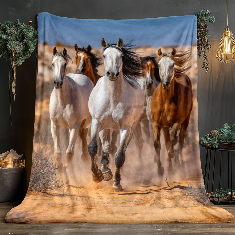 Racing horse pattern in the desert Flannel printed blanket suitable for all seasons suitable for living room office sofa travel