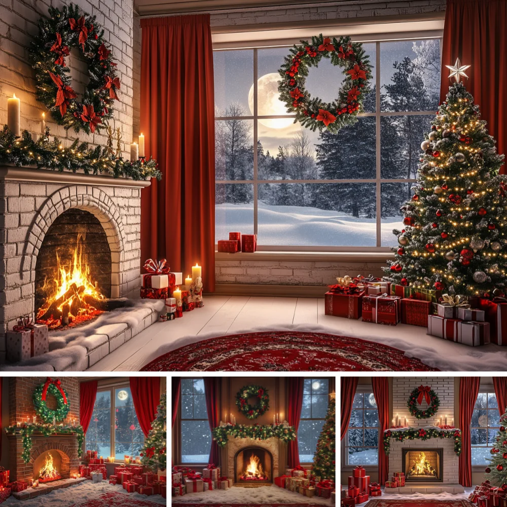 

White Brick Fireplace Christmas Backdrop Red Poinsettia Wreath Curtain Full Moon Snow Forest Window Tree Red Gift Box Background