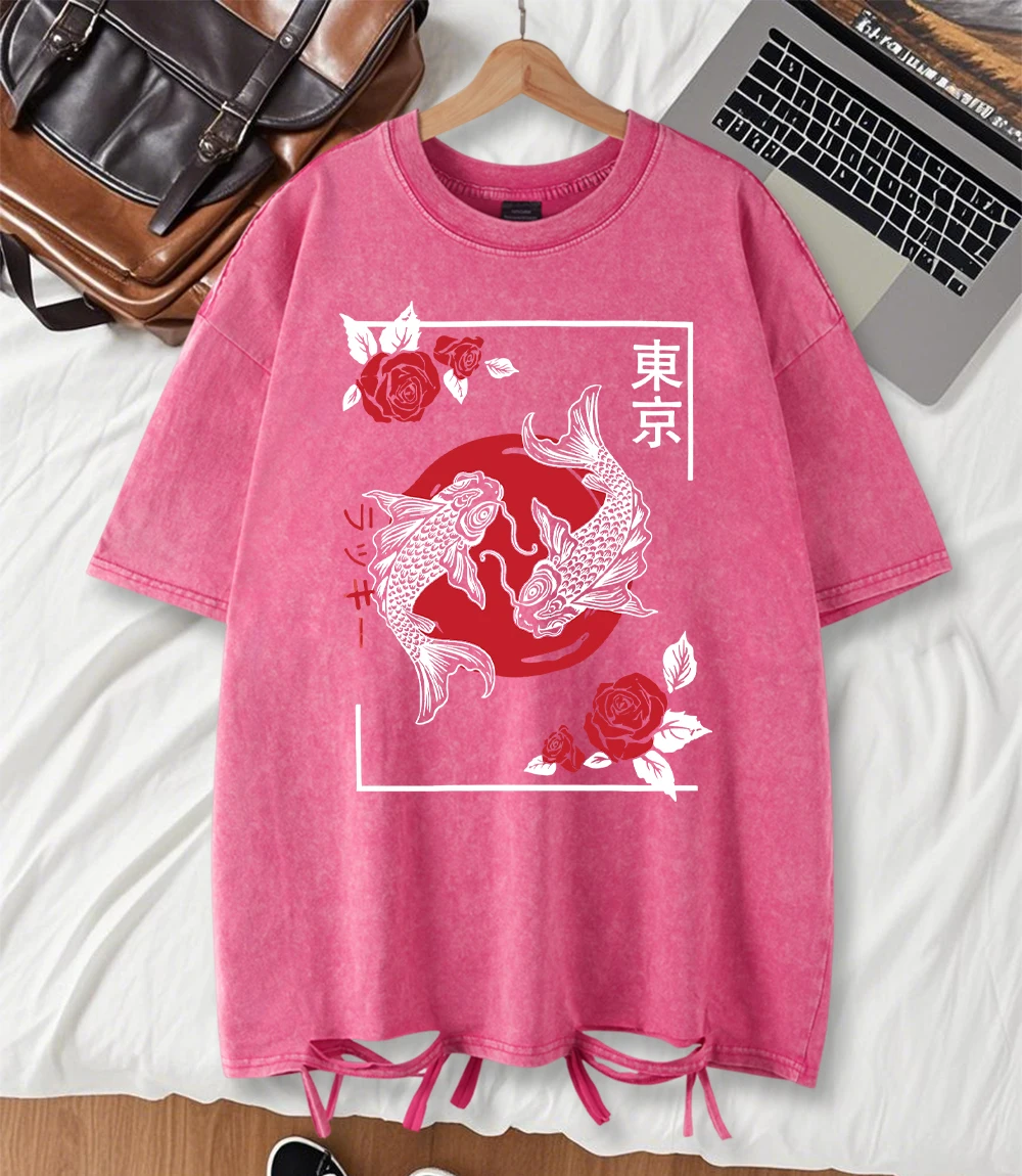 

Tokyo Koi Koi Fish Rose Harajuku Print Washed Holes T Shirt Woman Summer Casual T-Shirts Crewneck Y2K Top Cotton Loose Clothes
