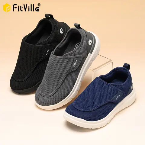 FitVille 엑스트라 와이드 남성용 당뇨병 신발 노인 정형외과 발 부은 조절 가능한 운동화 노인 발 통증 완화