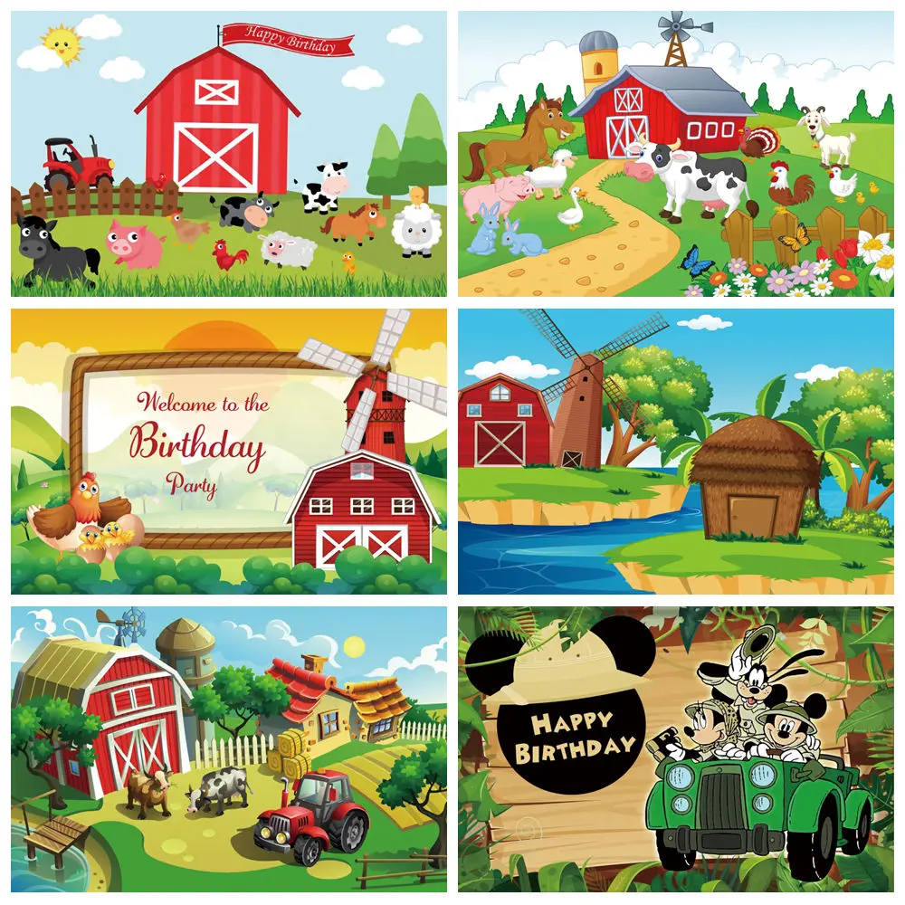 

Cartoon Farm Red Barn Photo Background Rural Farm Animal Wooden Fence Baby Birthday Party Decor Photography Backdrop Props