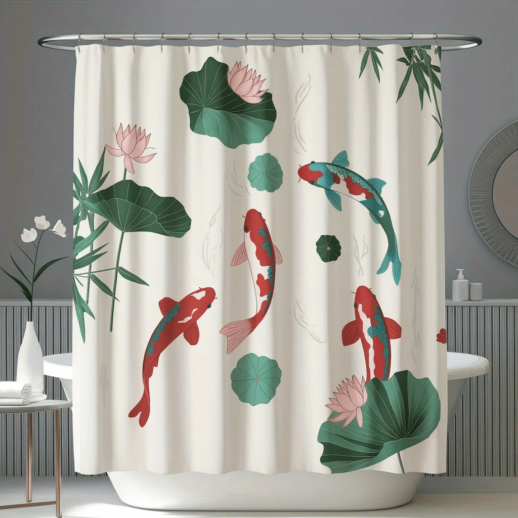 

1 шт., занавеска с рисунком карпа и лотоса, занавеска для душа в ванной комнате, полиэфирная ткань с цифровым принтом, прочный полиэстер без перфорации