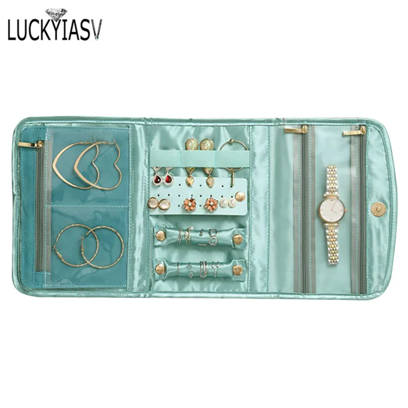 Retro Luxury Travel Jewelry Organizer Roll Foldable Jewelry Case for Journey-Rings Necklaces Jewerly Storage Bag