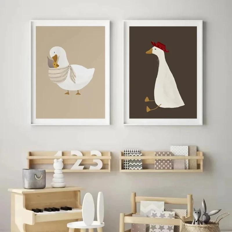 Pink Bow Goose Hat Mother Duck Poster Prints Cartoon Farm Animal Art Canvas Painting Wall Art Picture Children's Room Home Decor view 2
