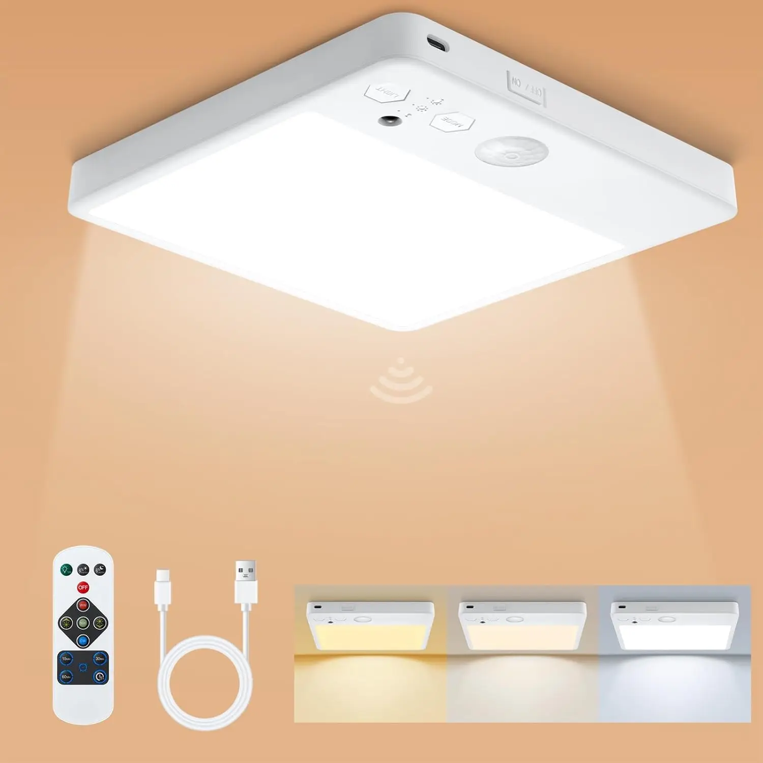 LED Square Motion Sensor Ceiling Light, 20CM 4000mah Rechargeable Battery Daynight Mode, Ideal for Entryways, Stairs, Corridors,